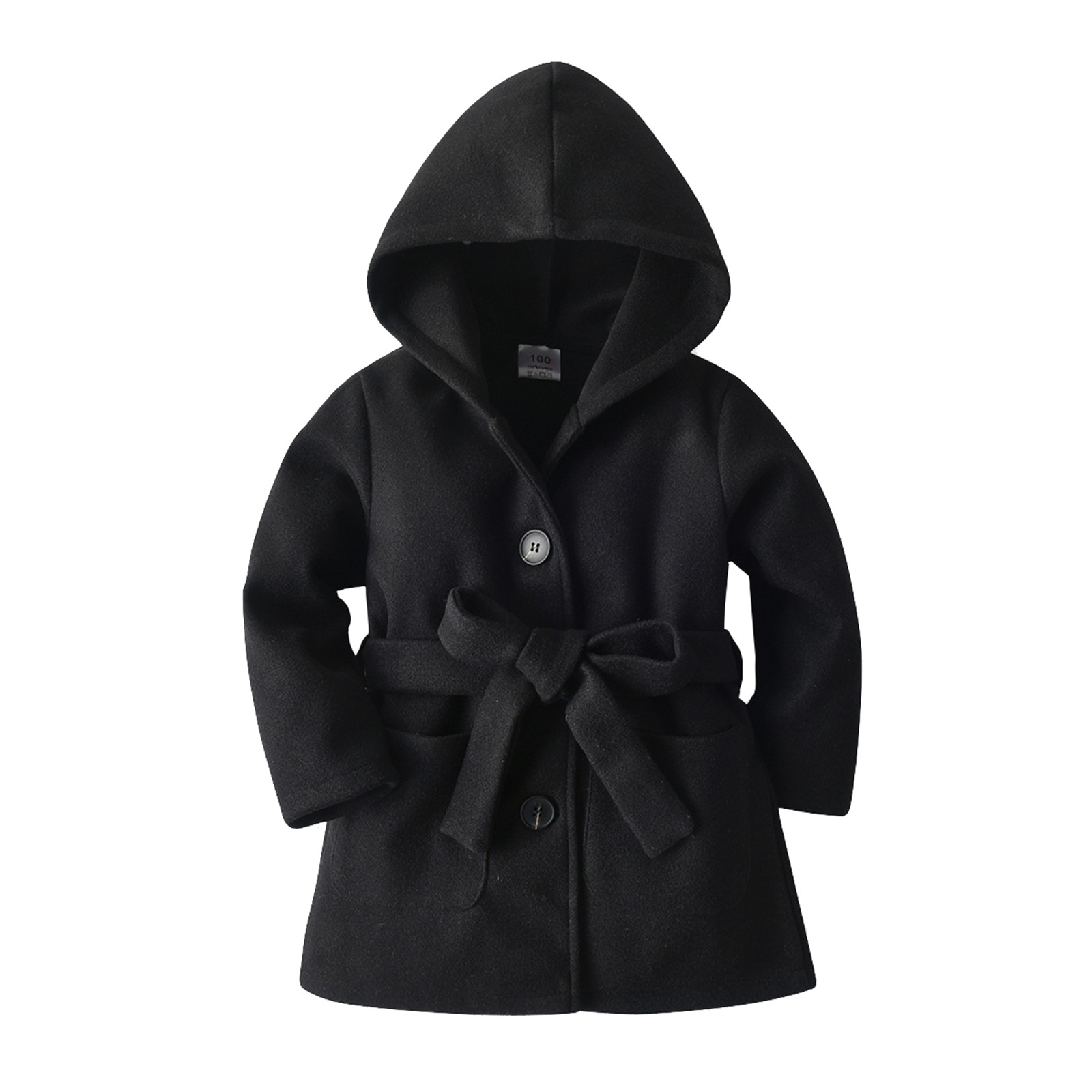 Girls Boys Jacket Coats Lightweight For Kids Toddler Winter Long Sleeve Warm Woollen Belt Solid Color Black Casual Outerwear
